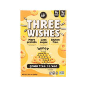 Honey flavored grain-free cereal box, yellow with Three Wishes branding