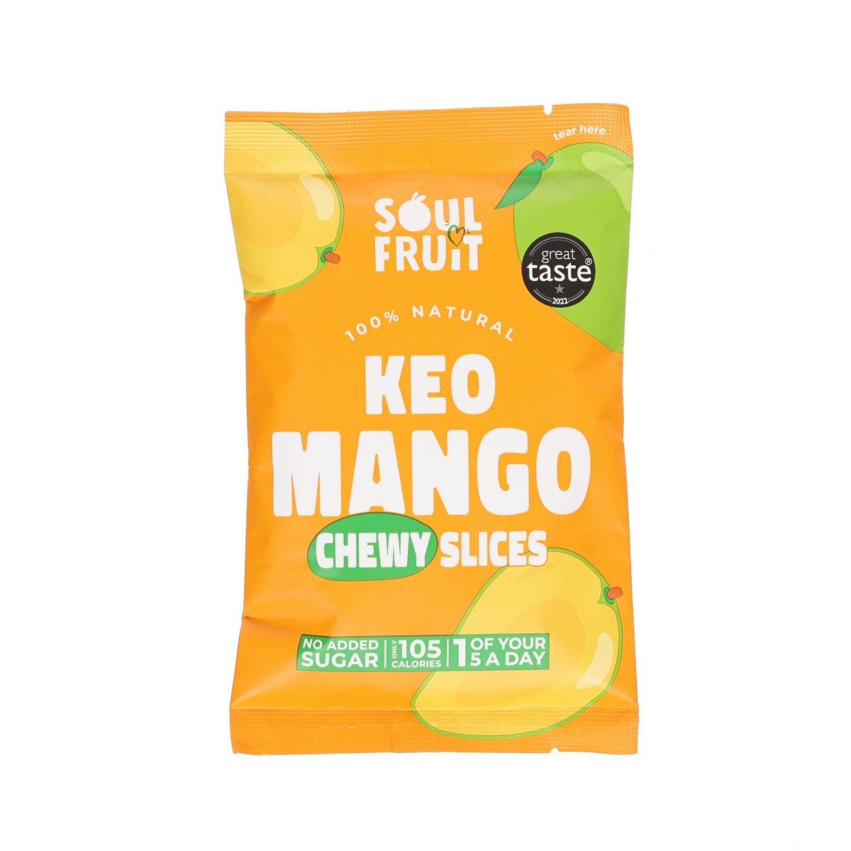 Mango chewy slices snack bag, orange packaging with green leaf accents, 30g