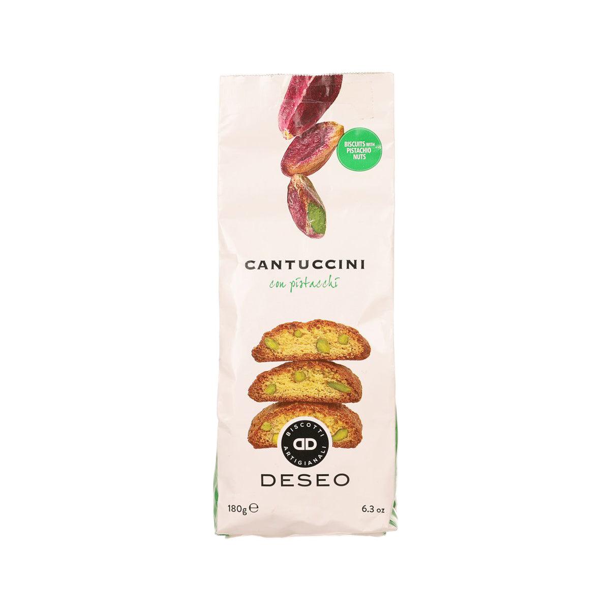 Pistachio nut cantuccini biscotti in 180g DESEO bag, front view