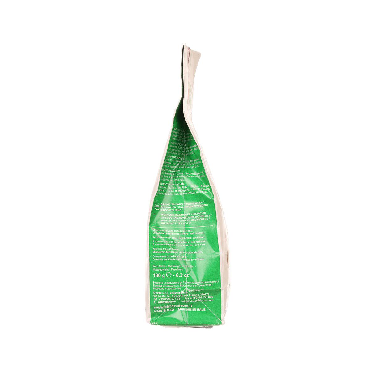 Pistachio nut biscuit bag, 180g DESEO, side view with green label