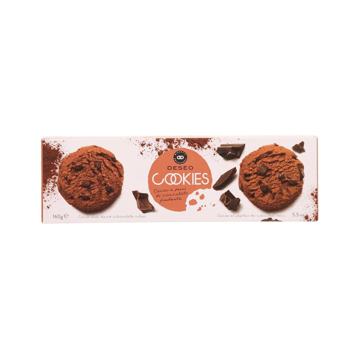 Cocoa cookies with dark chocolate chips in a DESEO branded 160g box