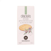 Artisanal olive oil and sea salt crackers box, front with olive oil illustration.