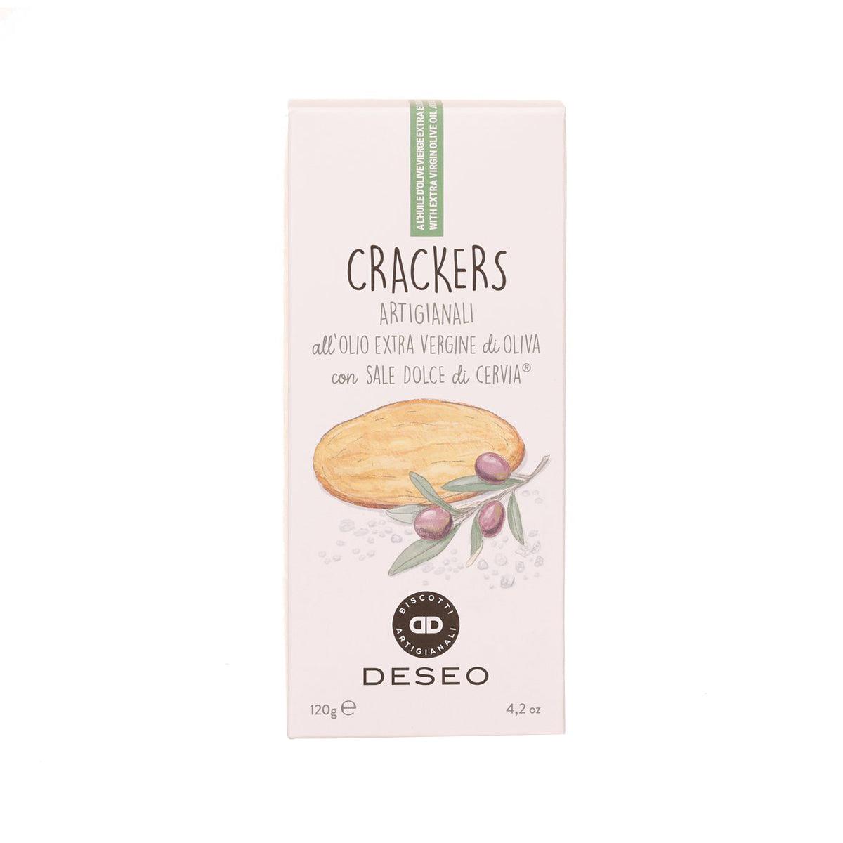 Artisanal olive oil and sea salt crackers box, front with olive oil illustration.