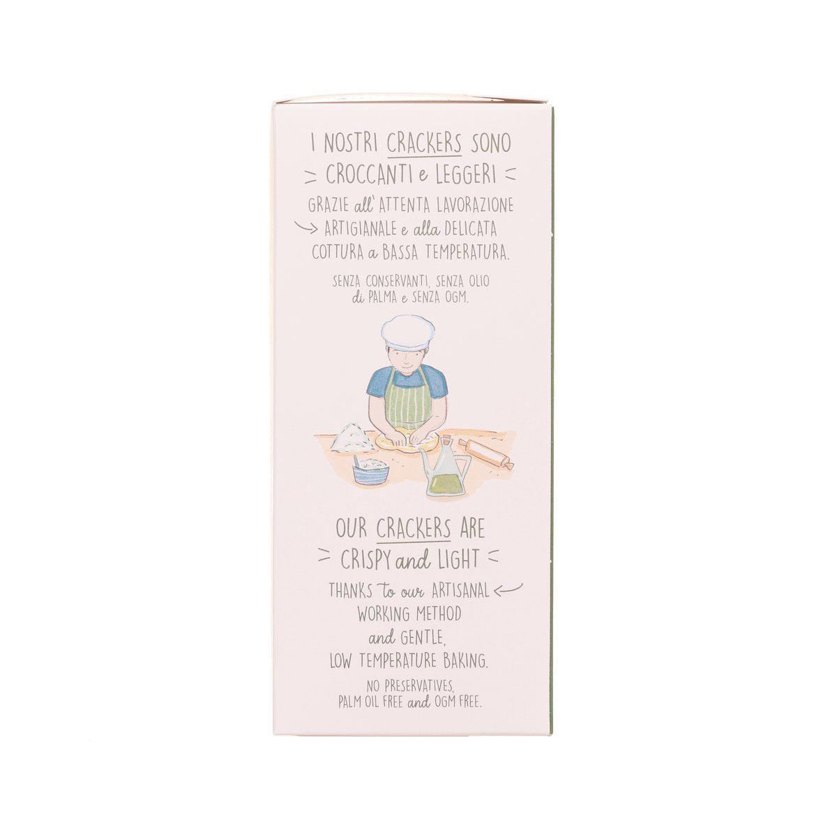Artisanal olive oil crackers box back, multilingual text with baking illustration.