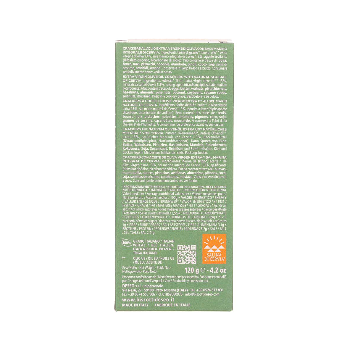 Artisanal crackers box back with nutrition text, QR code, and 120 g marking.