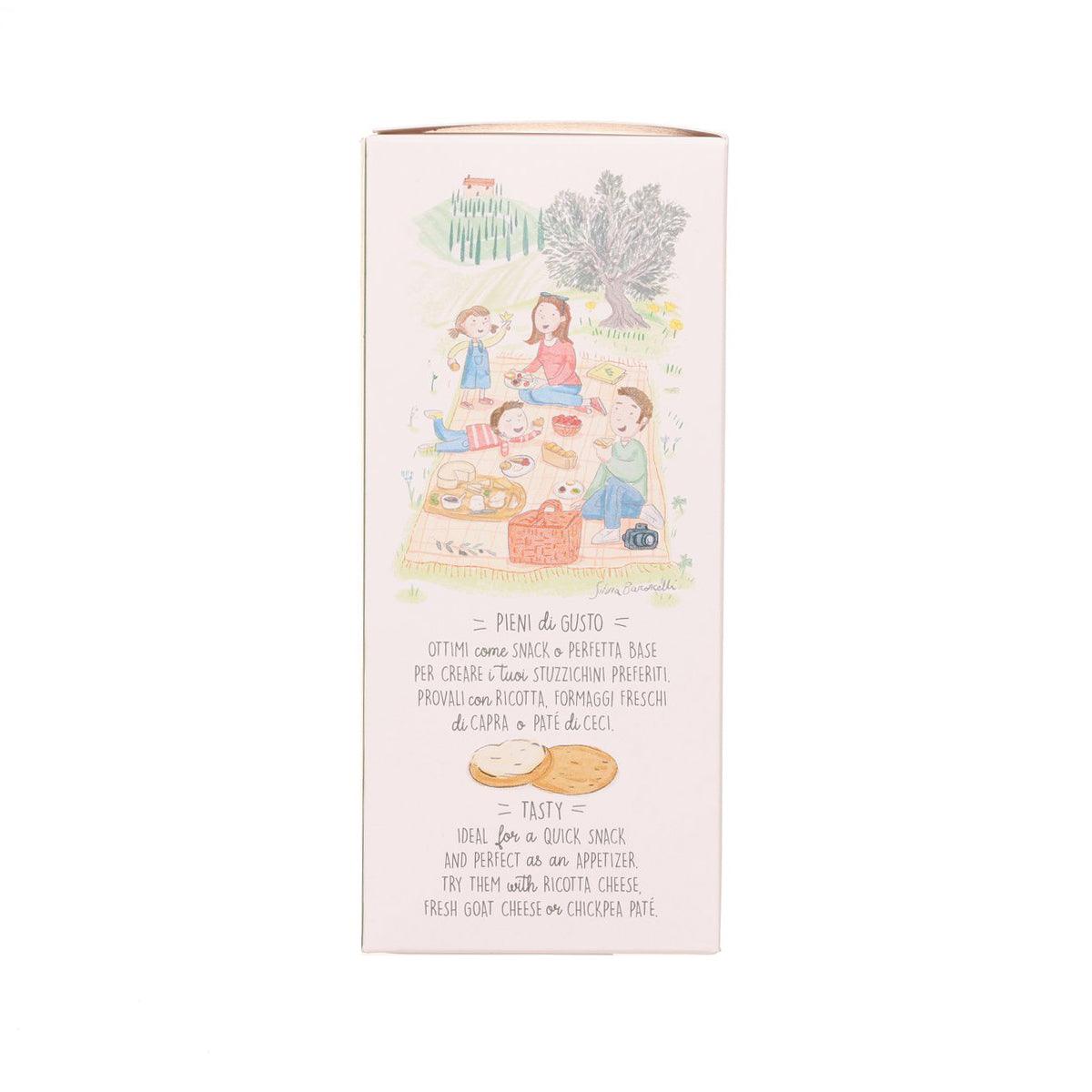 Artisanal crackers box back panel, illustrated farm-meal scene and serving text.