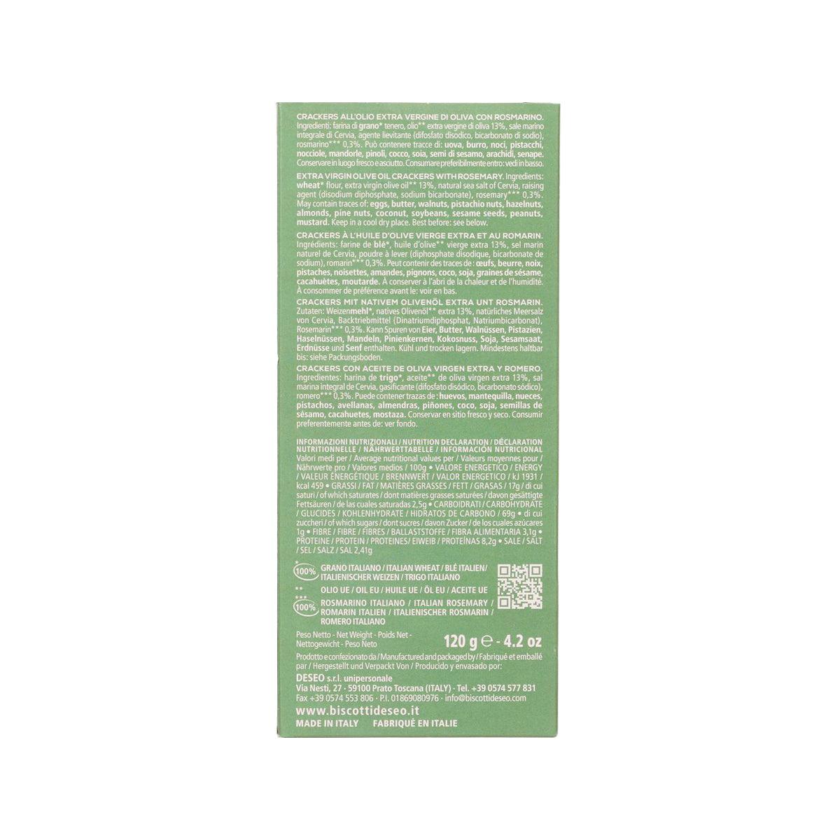 Crackers package back with dense green ingredient and nutrition text, barcode strip
