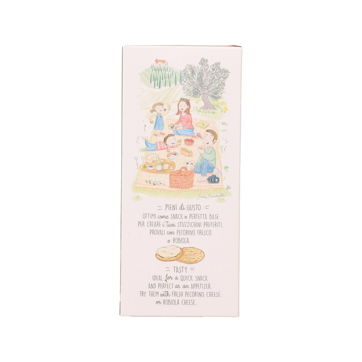 Crackers package side with colorful picnic illustration and small cracker graphic