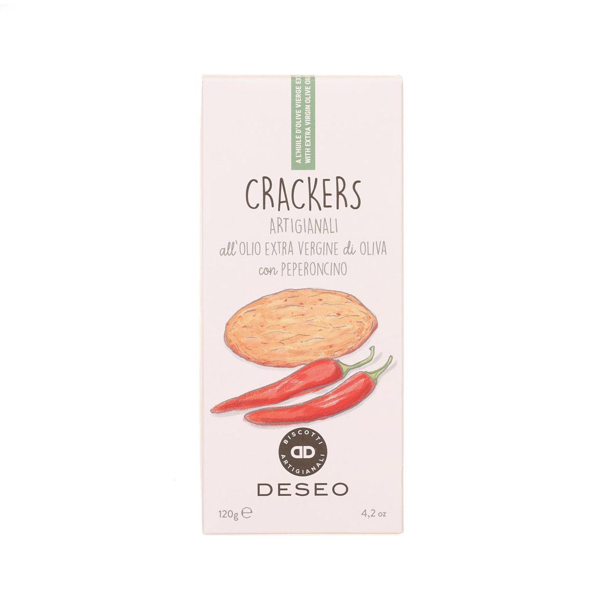 DESEO crackers box with olive oil and chili pepper graphics, 120 g
