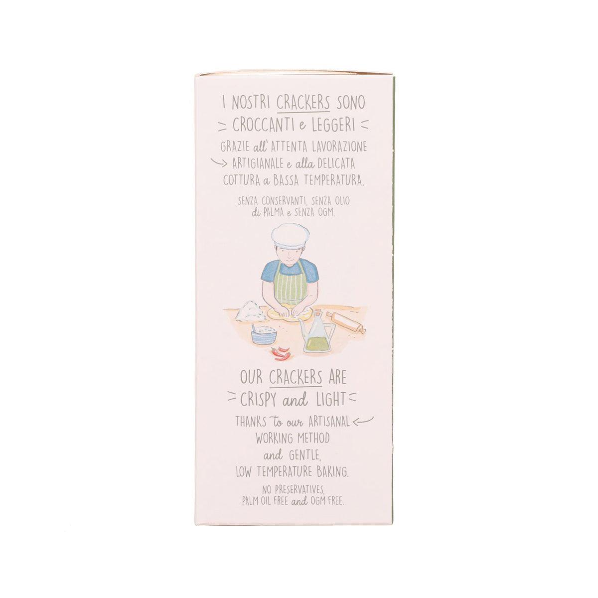 Crackers package back with chef illustration and cooking-method text