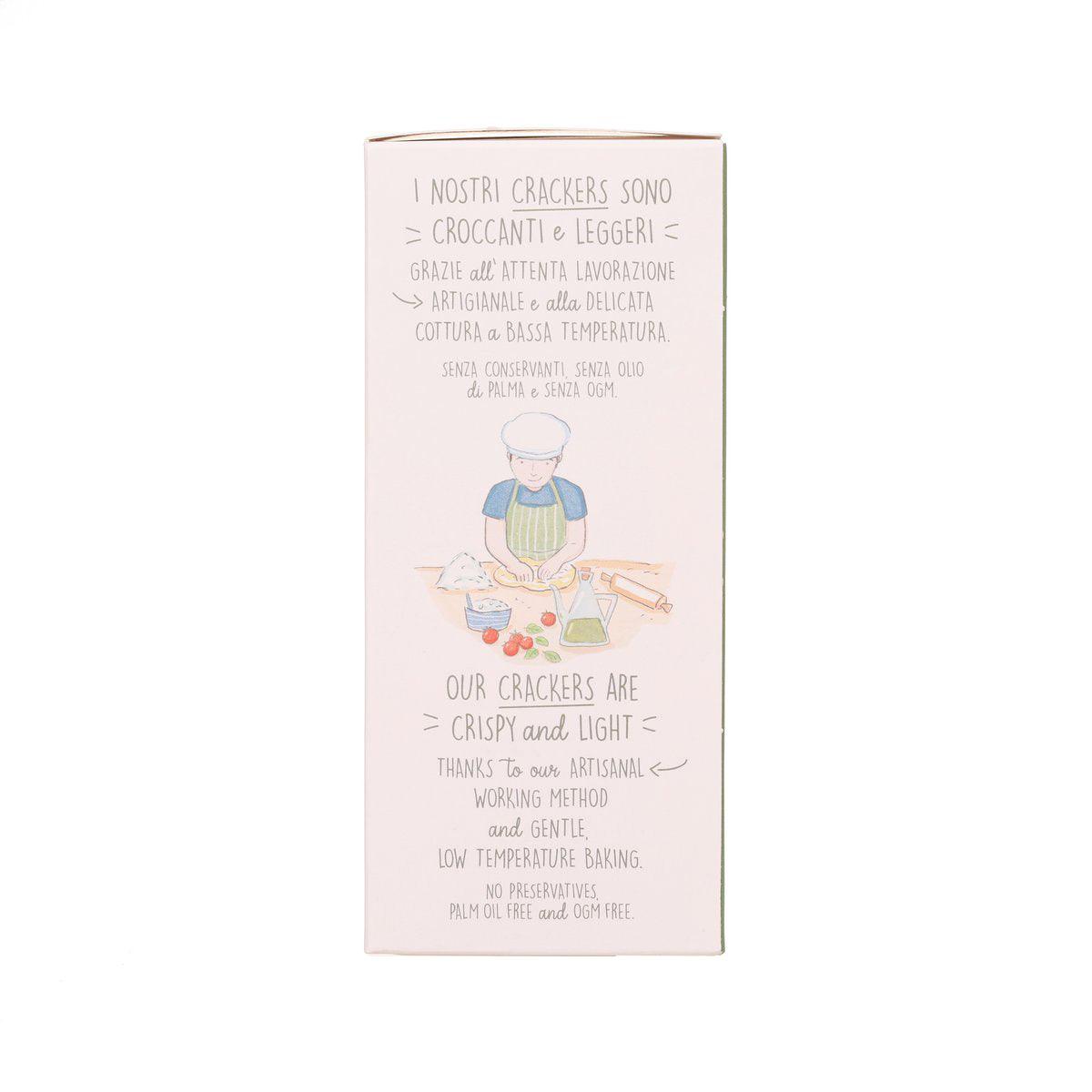 Back of tomato and basil crackers box with baking and handling notes, 120 g