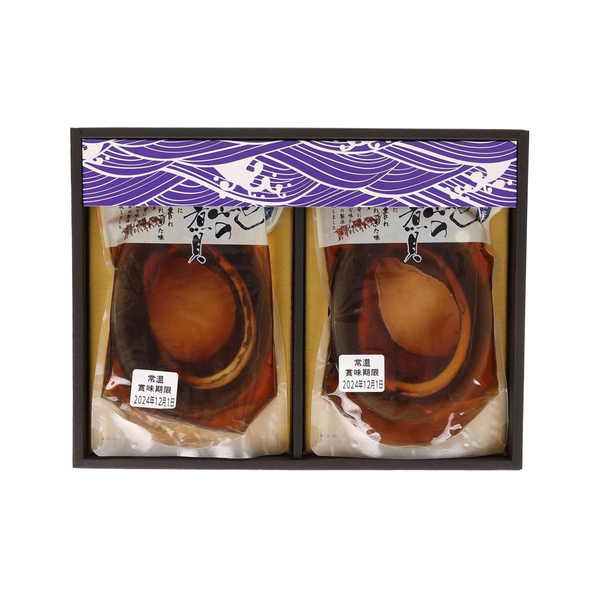 Two packaged cooked abalone in soy sauce, set of 2 inside a gift box
