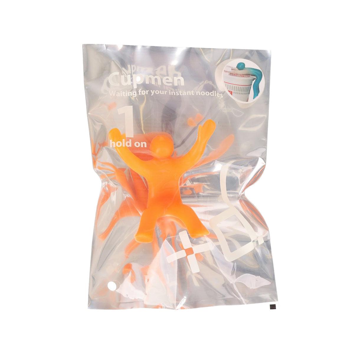 Orange cup noodle lid holder, packaged in a clear plastic bag