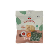 Plant-based black tea biscuit bag with stack of round cookies