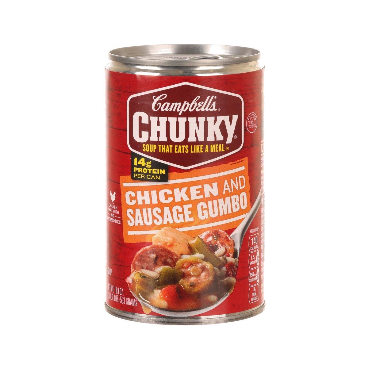 Campbell's Chunky gumbo soup can with chicken and sausage on red label.