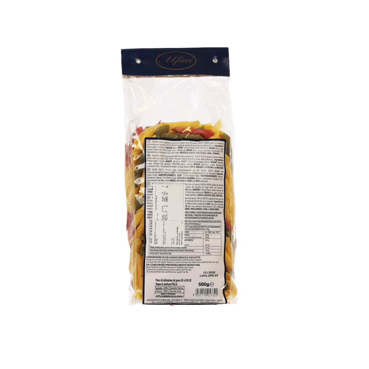 TriColor garganelli pasta bag with nutrition label, 500g