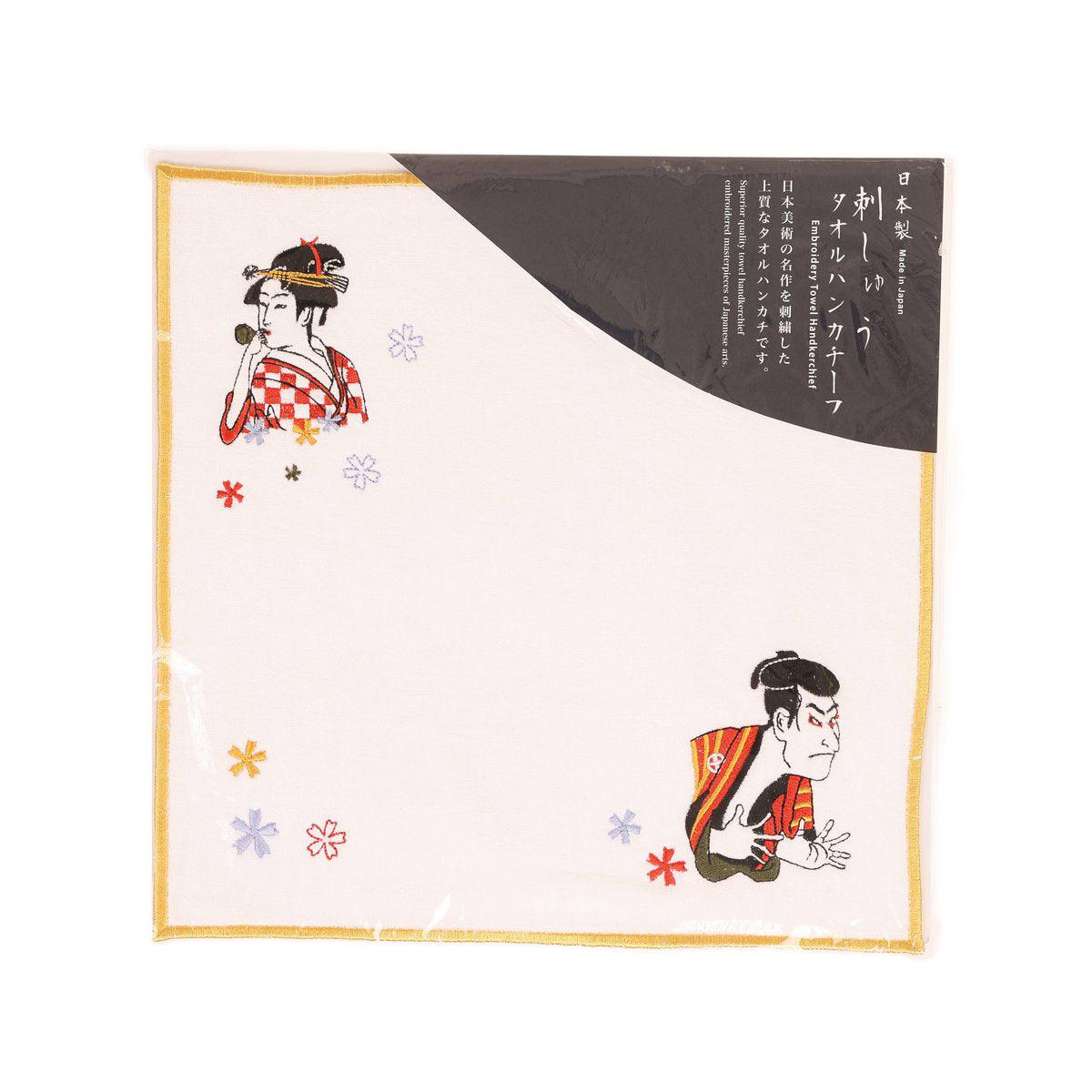 Ukiyoe wash towel, white with red and black character illustrations, yellow border