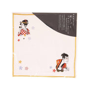 Ukiyoe wash towel, white with red and black character illustrations, yellow border