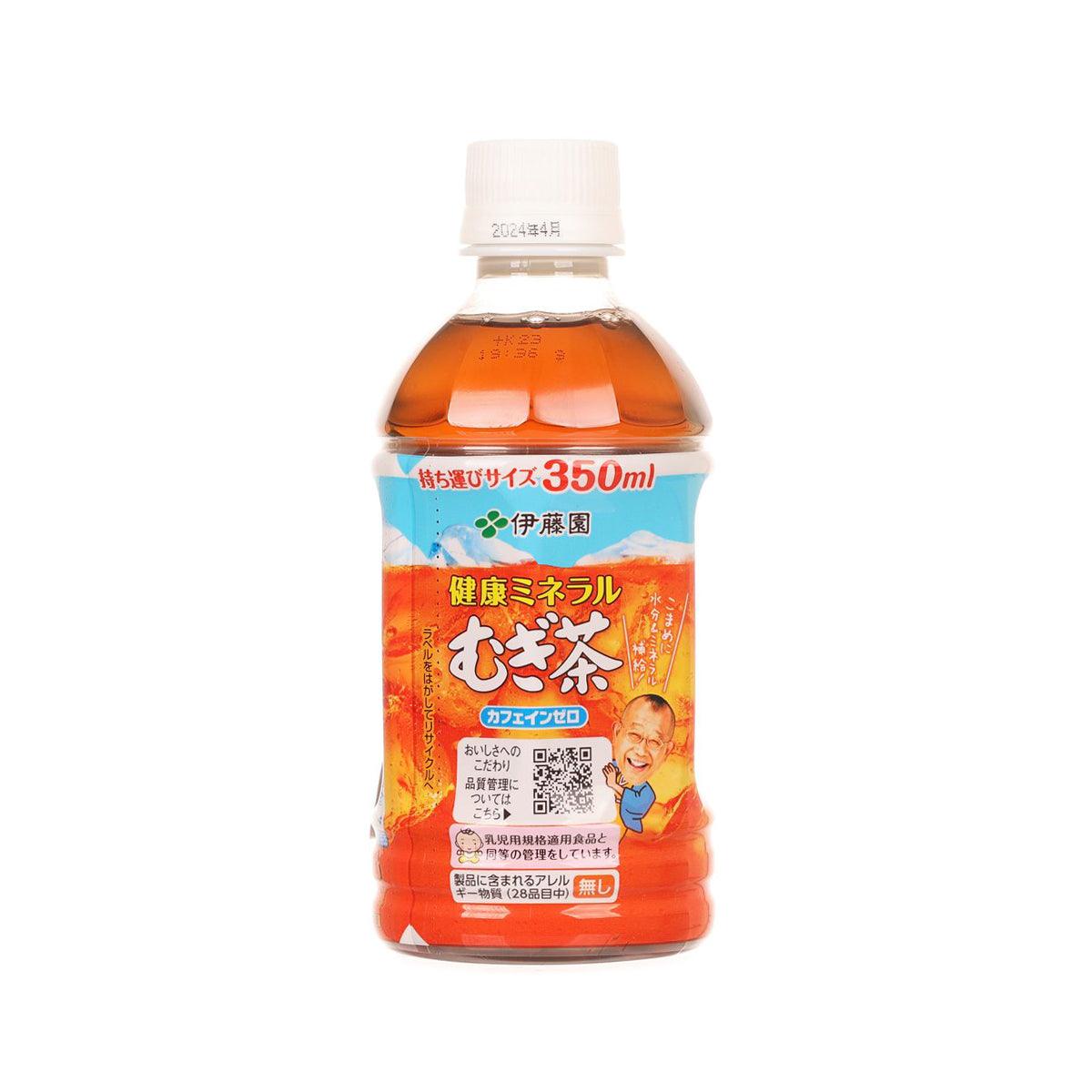ITOEN barley tea bottle with front label featuring character graphic, amber liquid inside