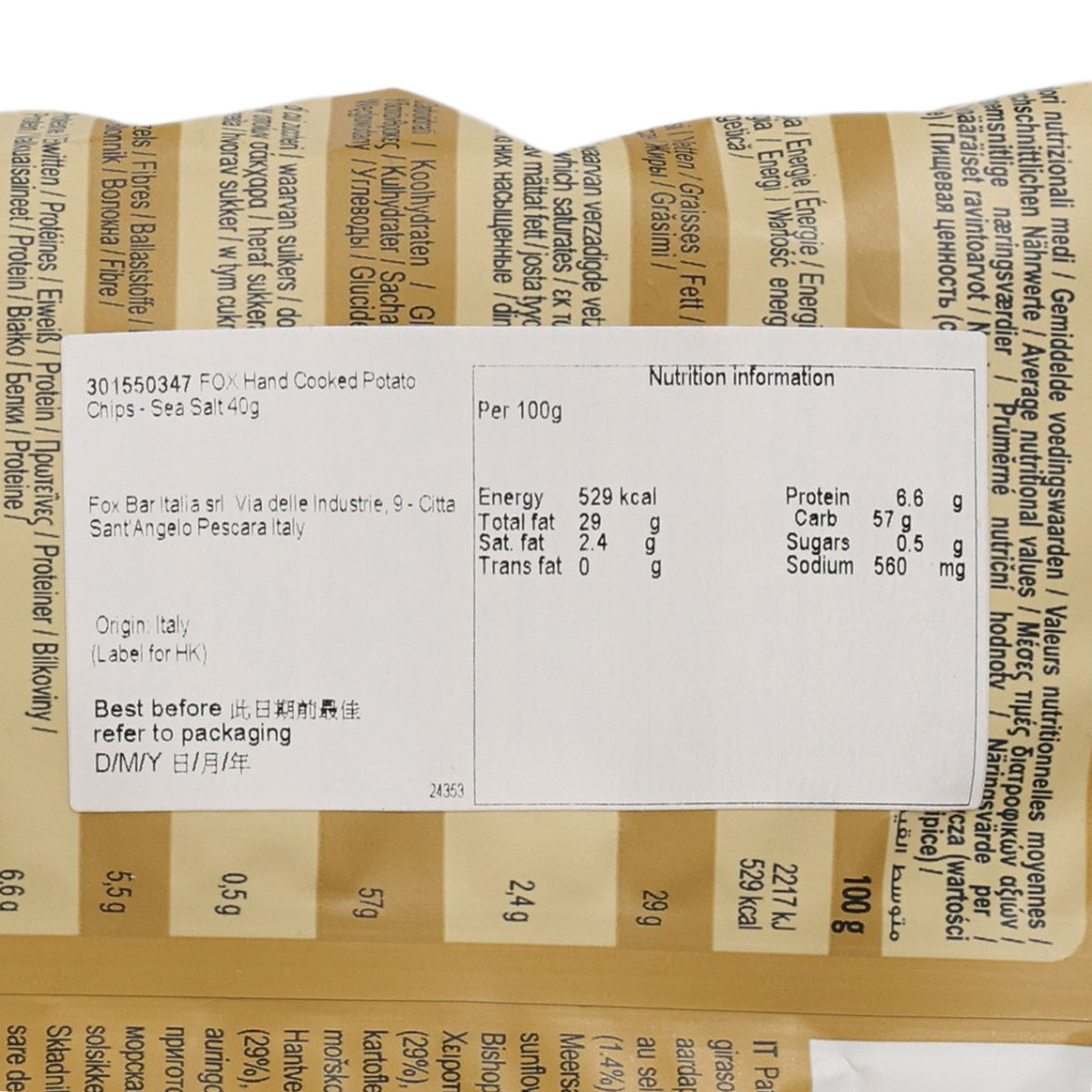 Sea salt potato chips nutrition facts panel on back of pouch