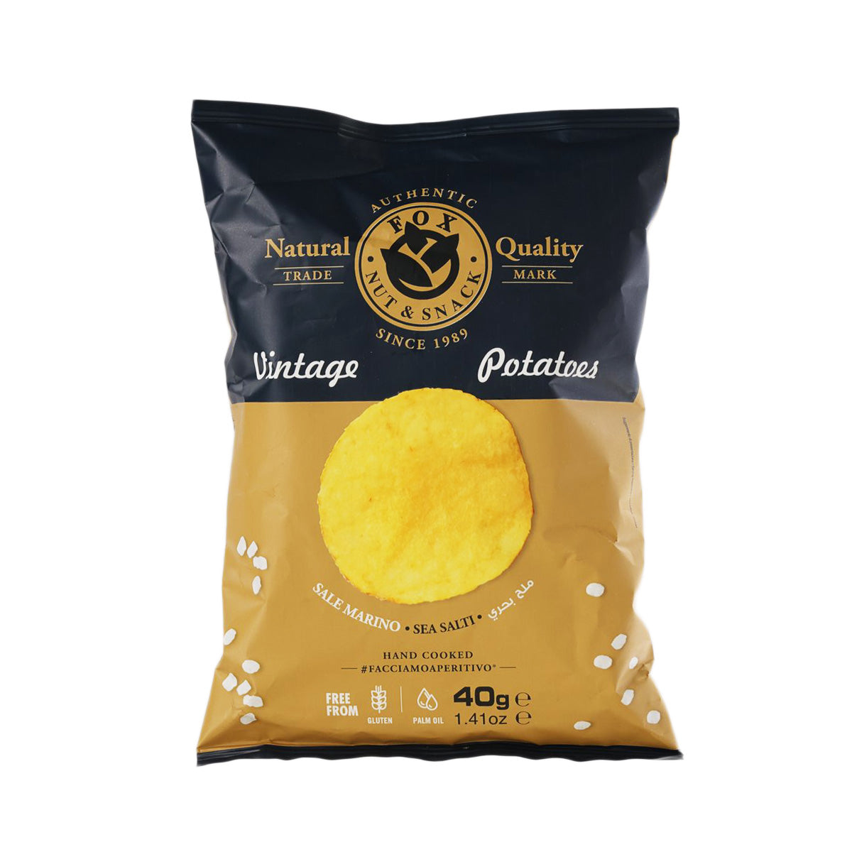 Sea salt potato chips pouch, 40 g net weight, front with chip graphic