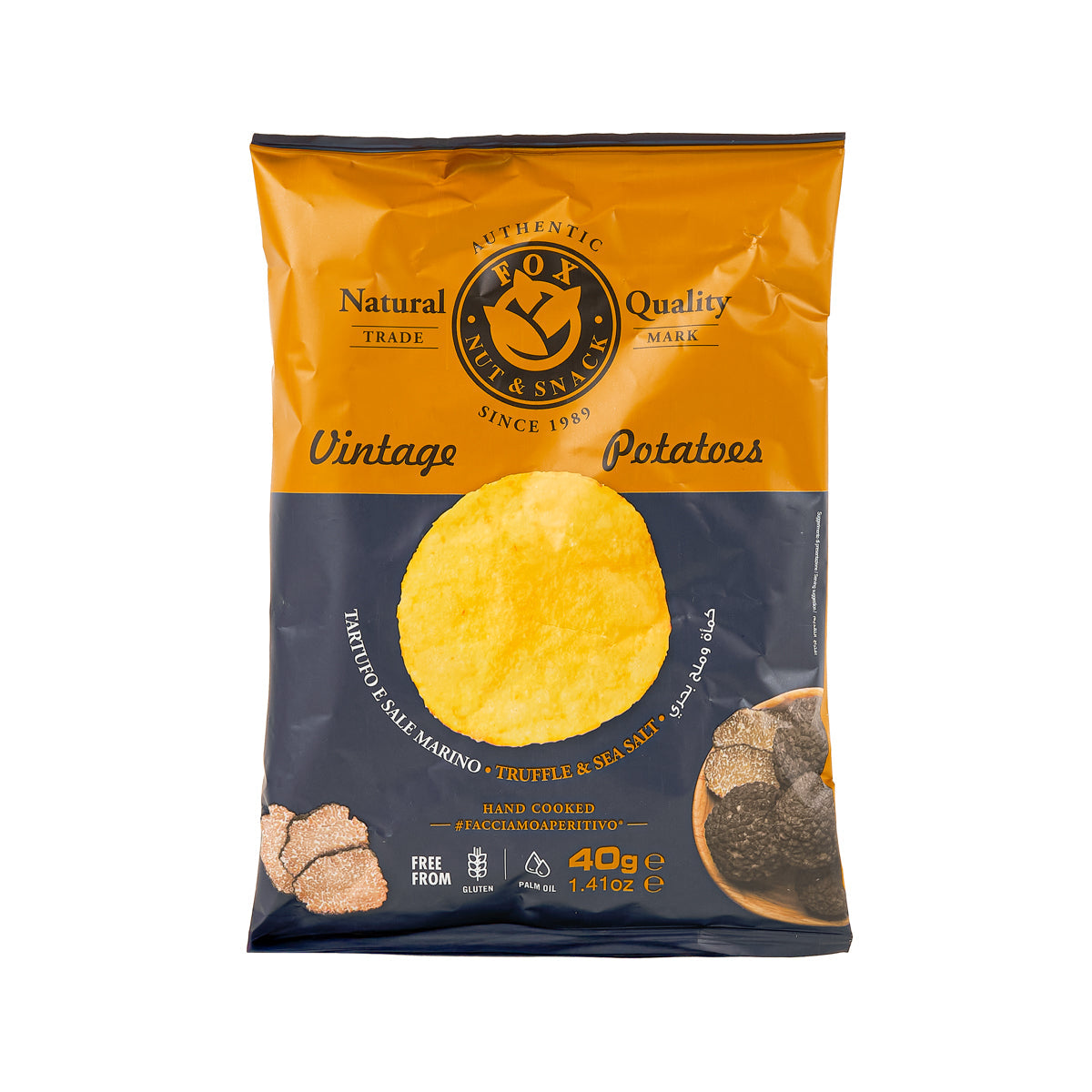 FOX truffle & salt hand-cooked potato chips bag, yellow and black front with chip graphic
