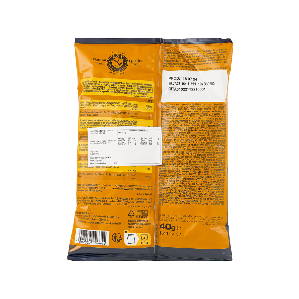 FOX truffle & salt potato chips back of bag with ingredient and barcode panels