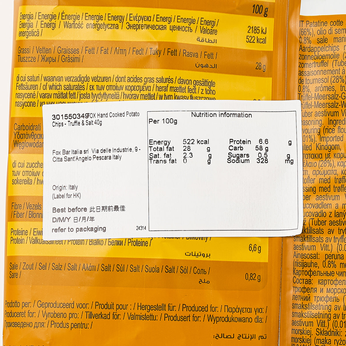 FOX truffle & salt potato chips nutrition facts panel with energy and sodium values