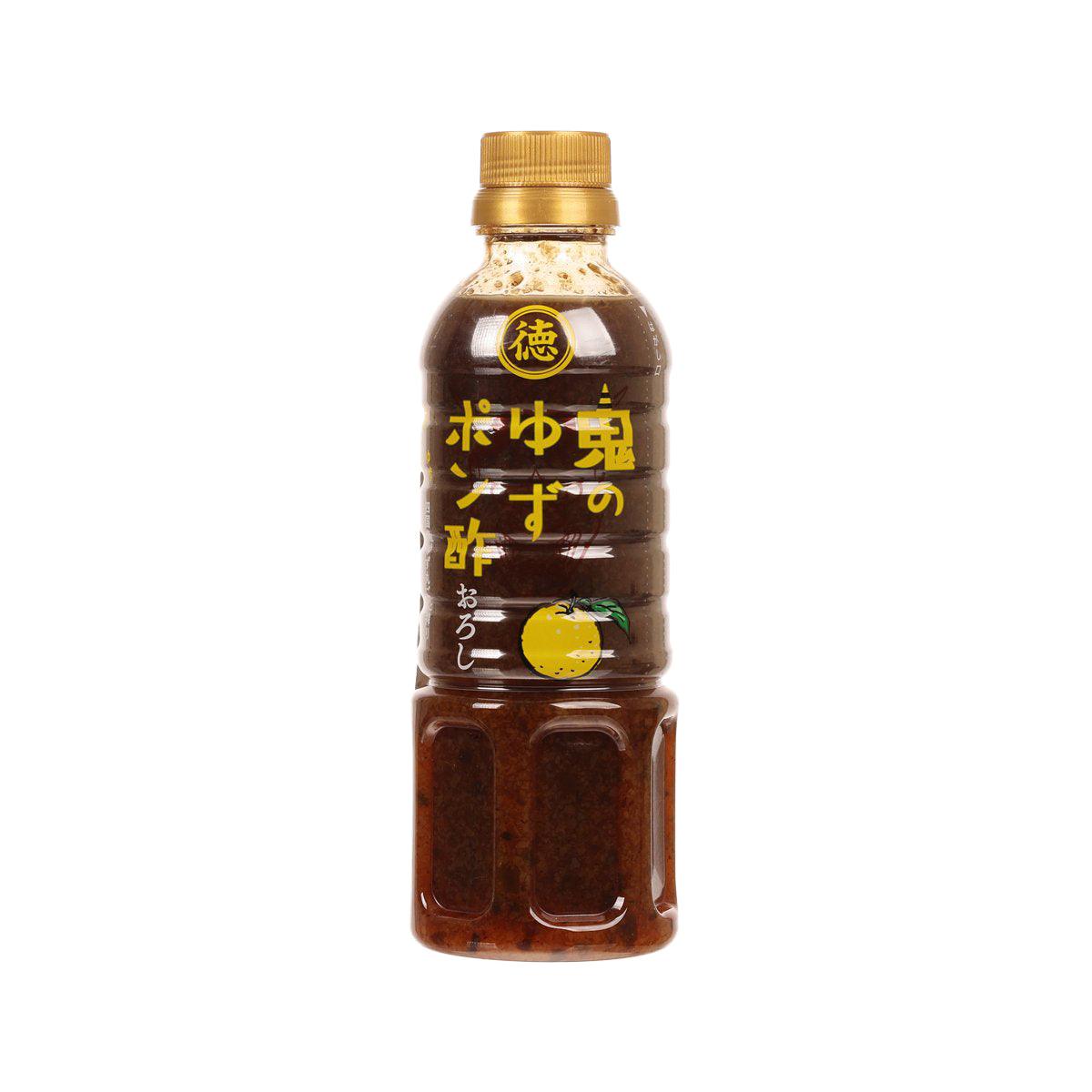 TOKUSHIMASANGYO yuzu ponzu vinegar bottle with grated radish, brown liquid, gold cap