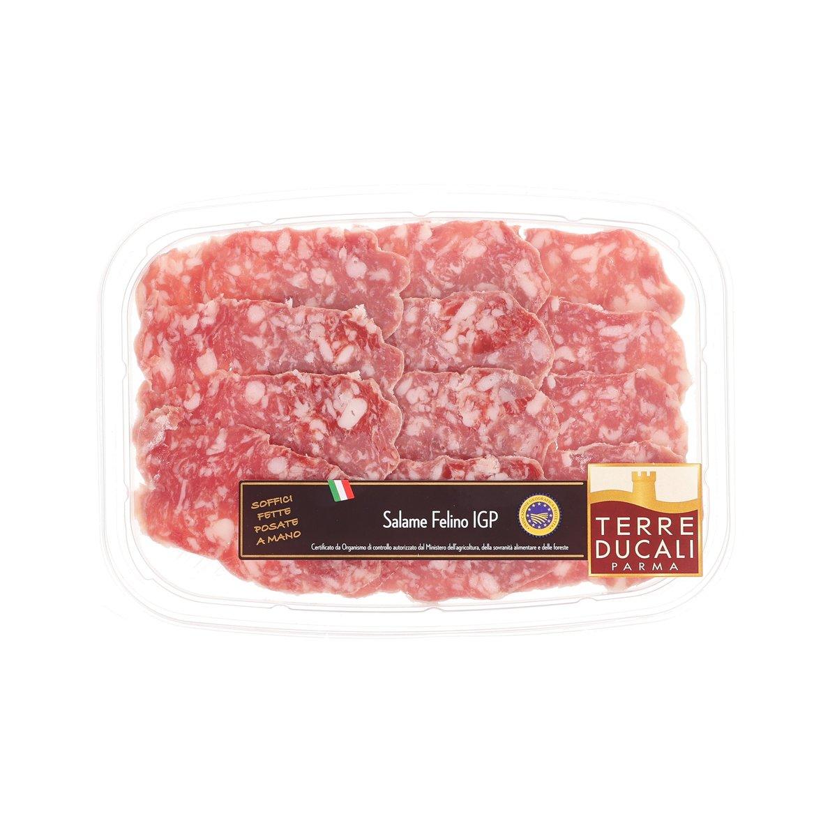Salame Felino IGP in plastic tray, sliced cured meat with front label