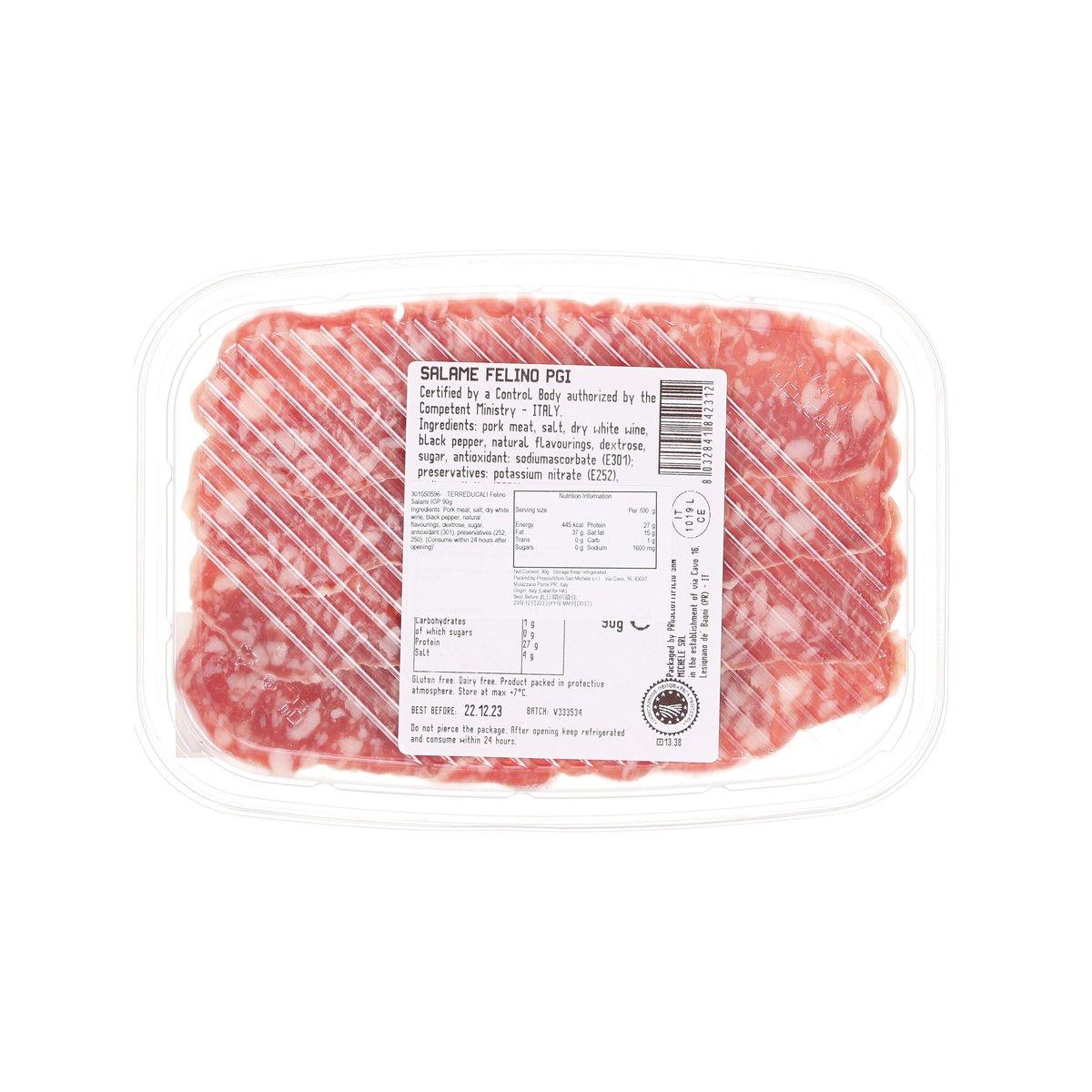 Sliced Salame Felino IGP in plastic tray with nutrition facts back label