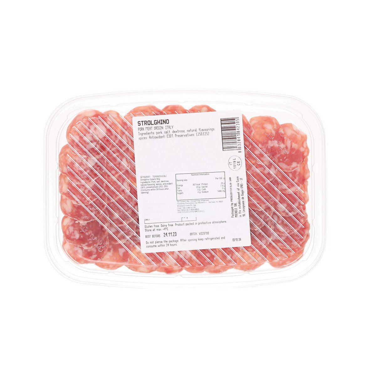 Salami slices in clear plastic tray with label on top