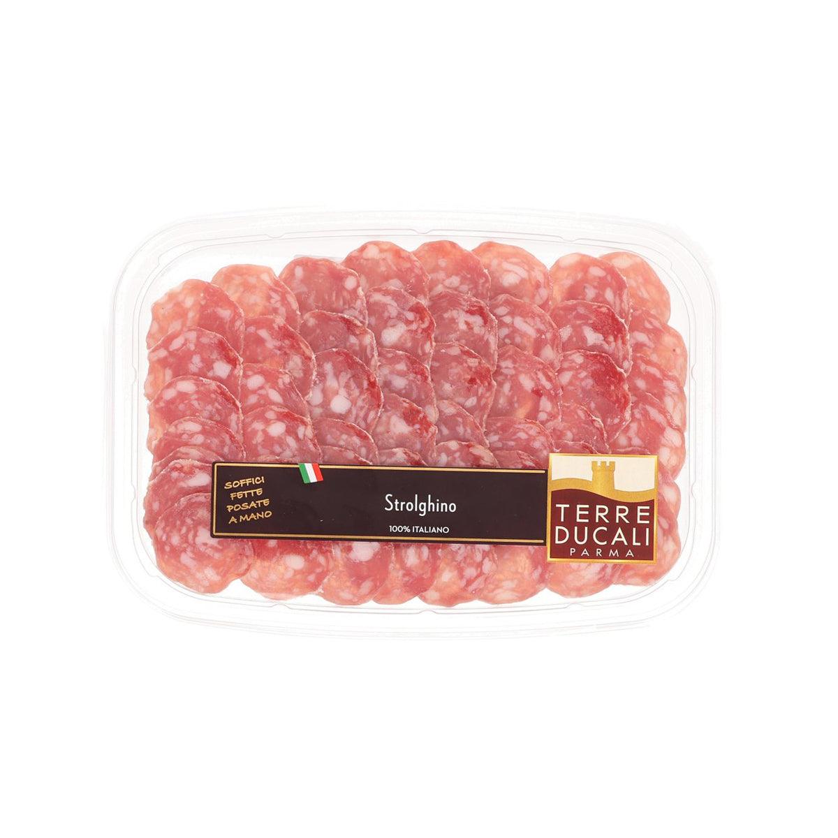Strolghino salami slices in clear plastic tray, 90 g