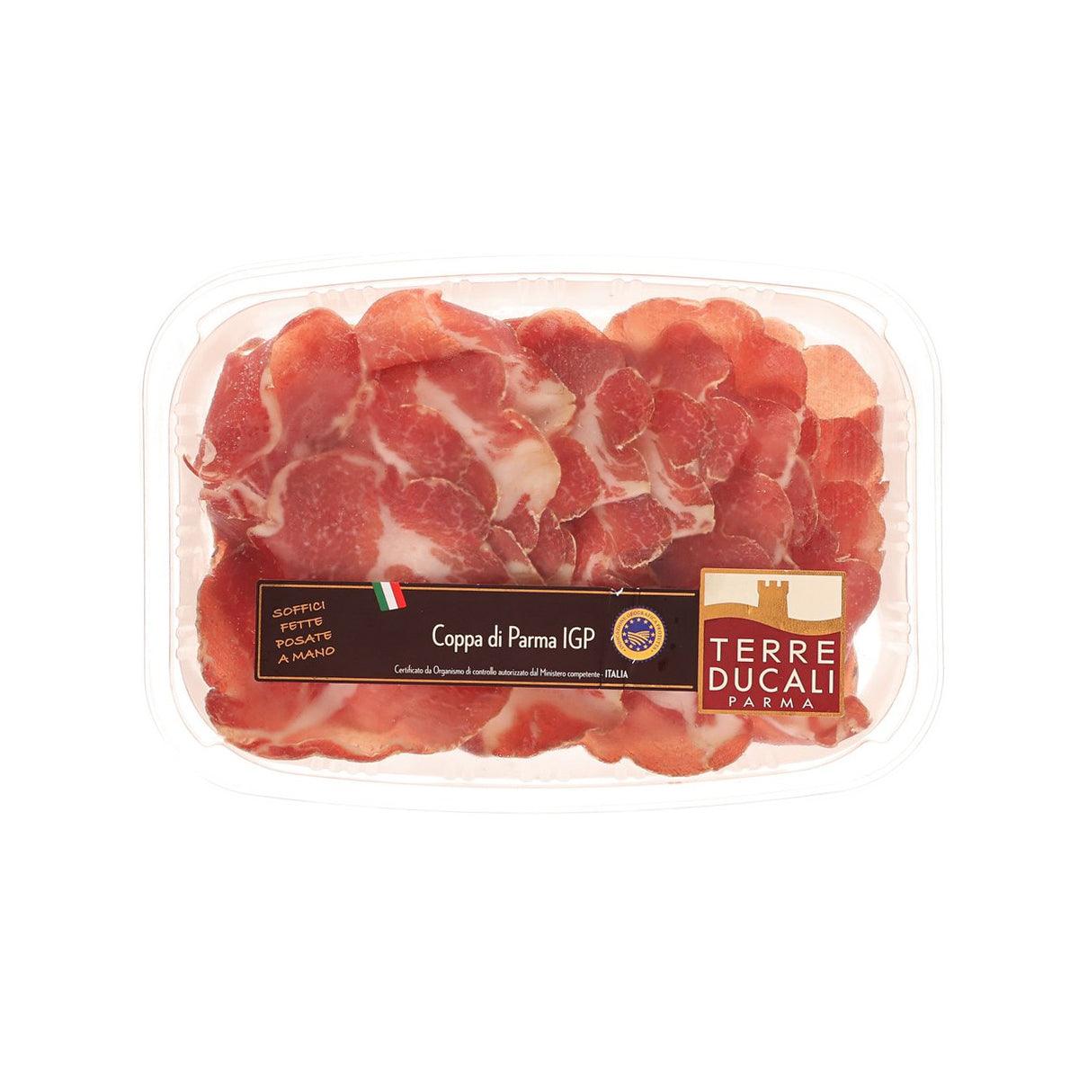 TERREDUCALI Coppa di Parma IGP ham in clear plastic tray, sliced cured meat