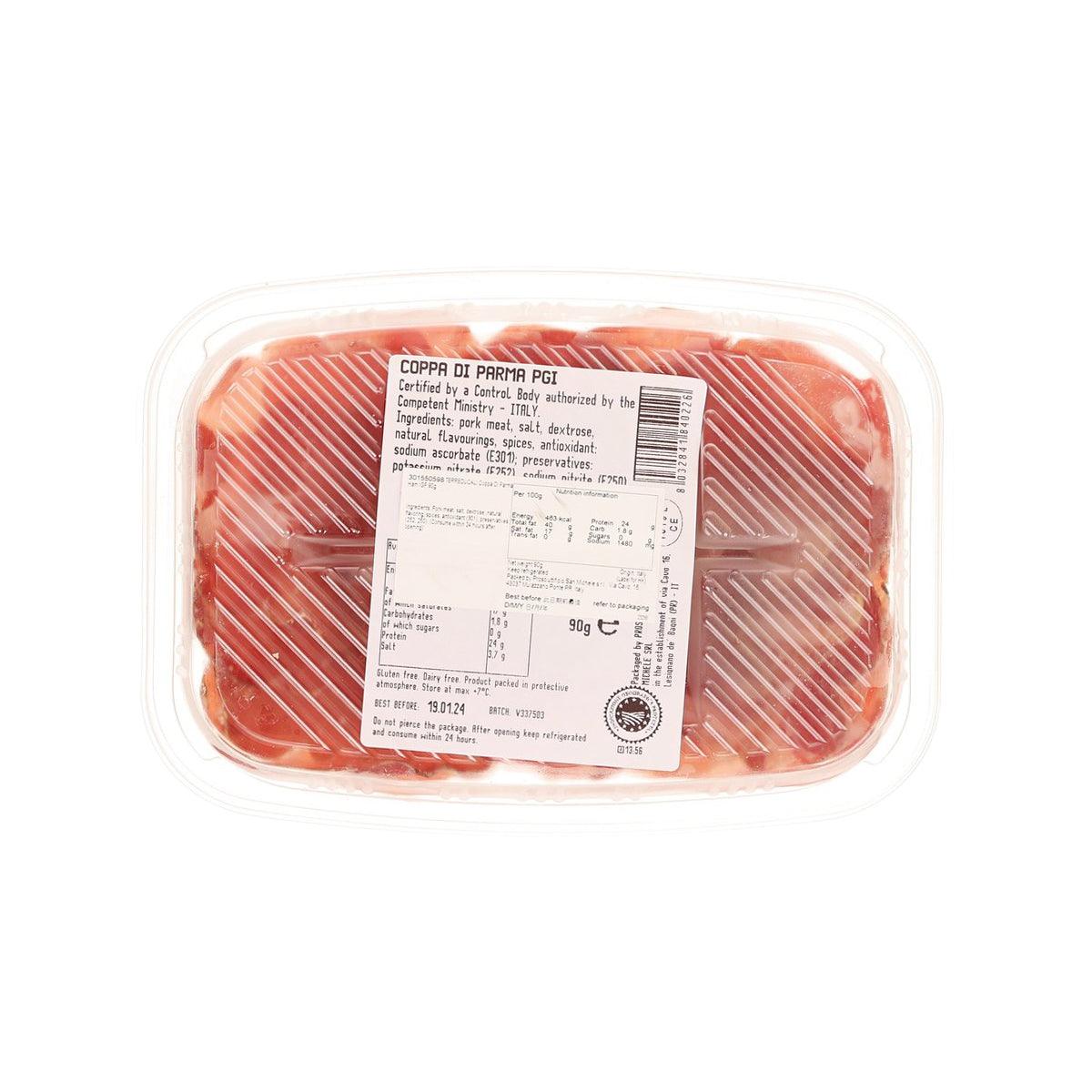 TERREDUCALI Coppa di Parma IGP ham tray with product information label, sliced meat