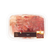 TERREDUCALI speck smoked cured ham slices in clear plastic tray, 90g