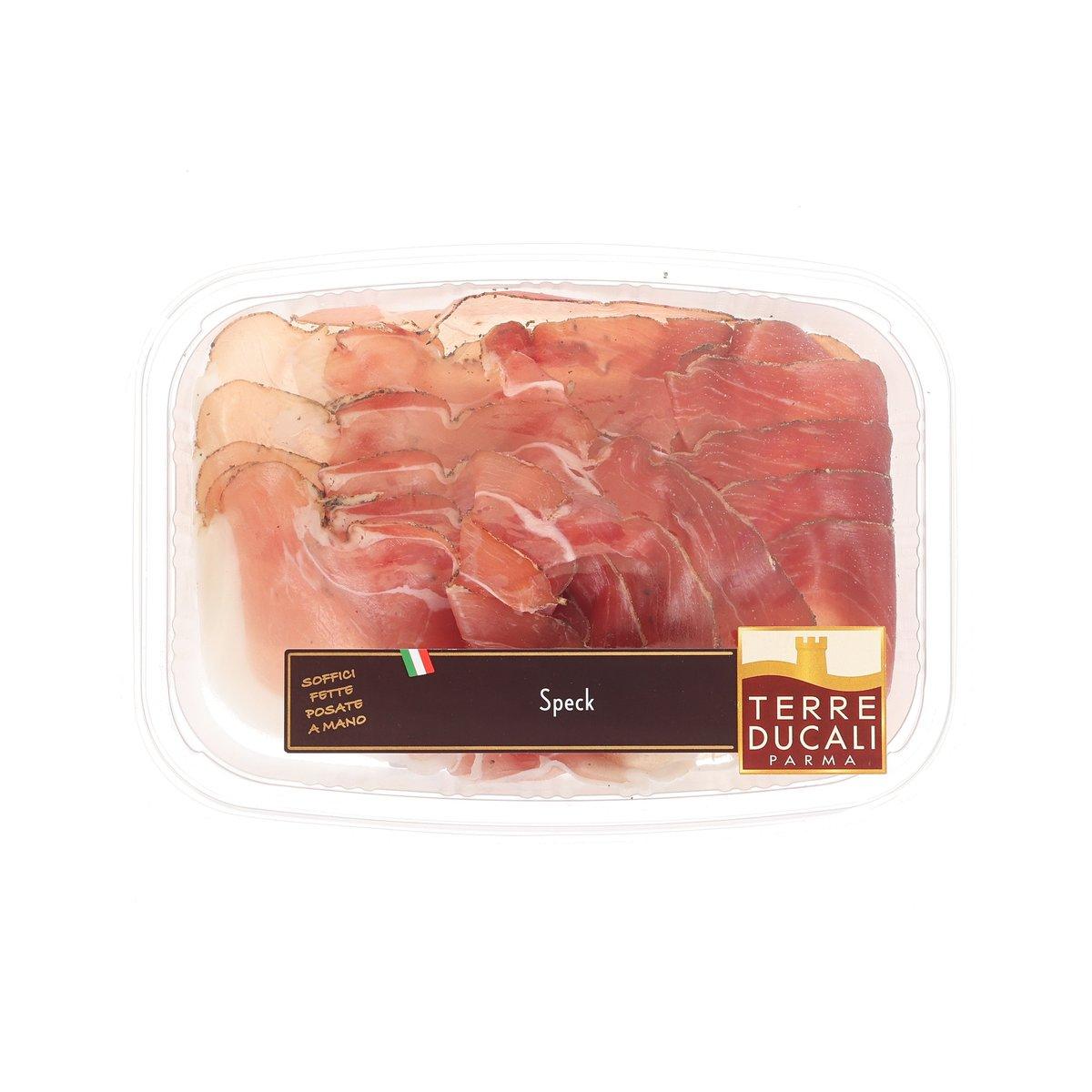 TERREDUCALI speck smoked cured ham slices in clear plastic tray, 90g