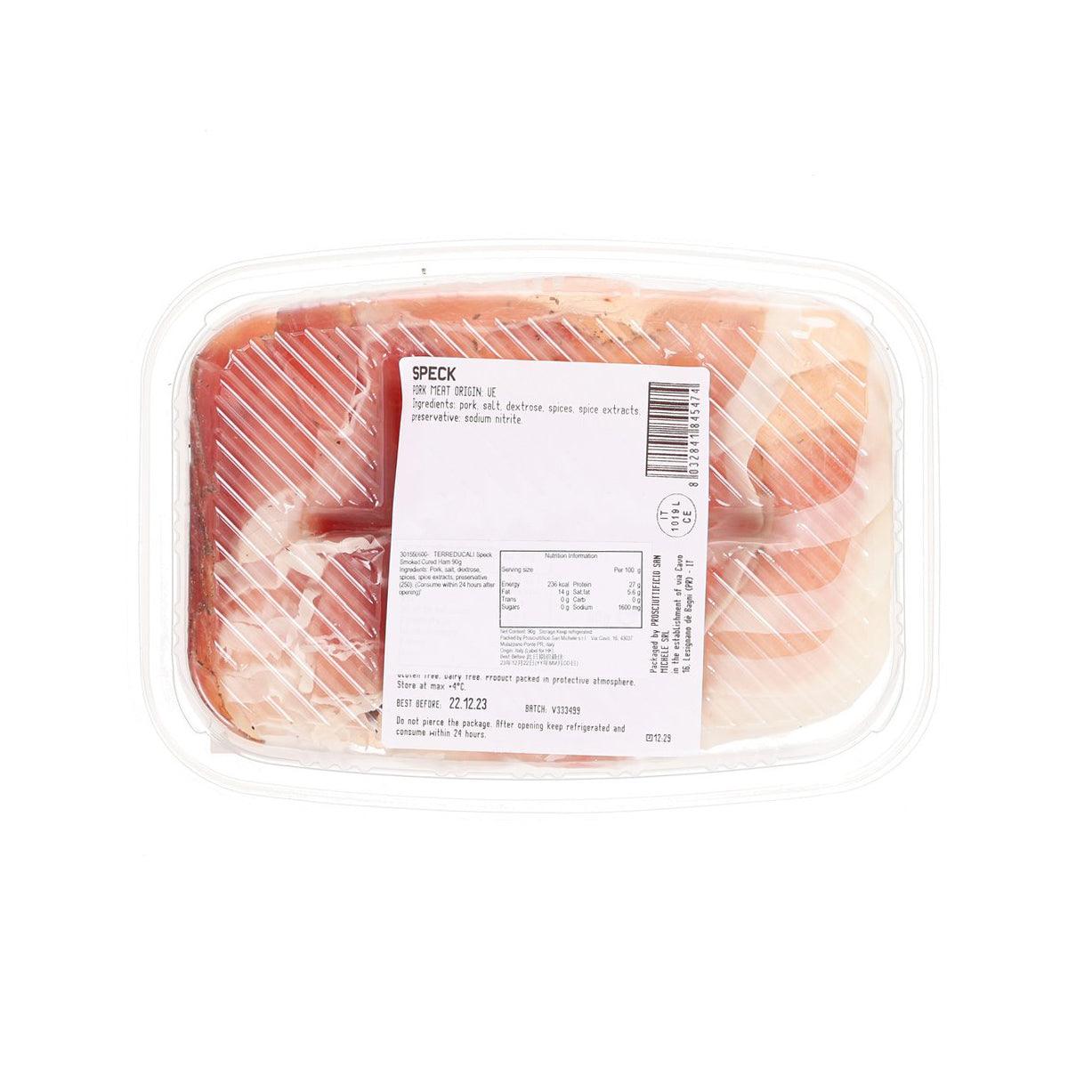 TERREDUCALI speck smoked cured ham tray with label on back, 90g