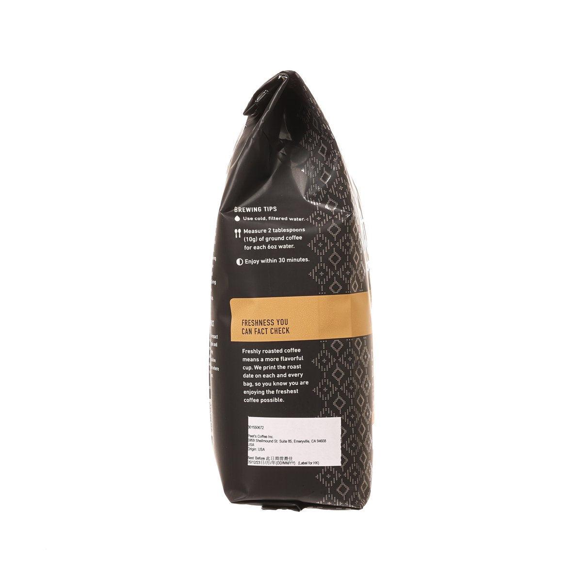 PEET'S ground coffee bag, back view with brewing tips and freshness label