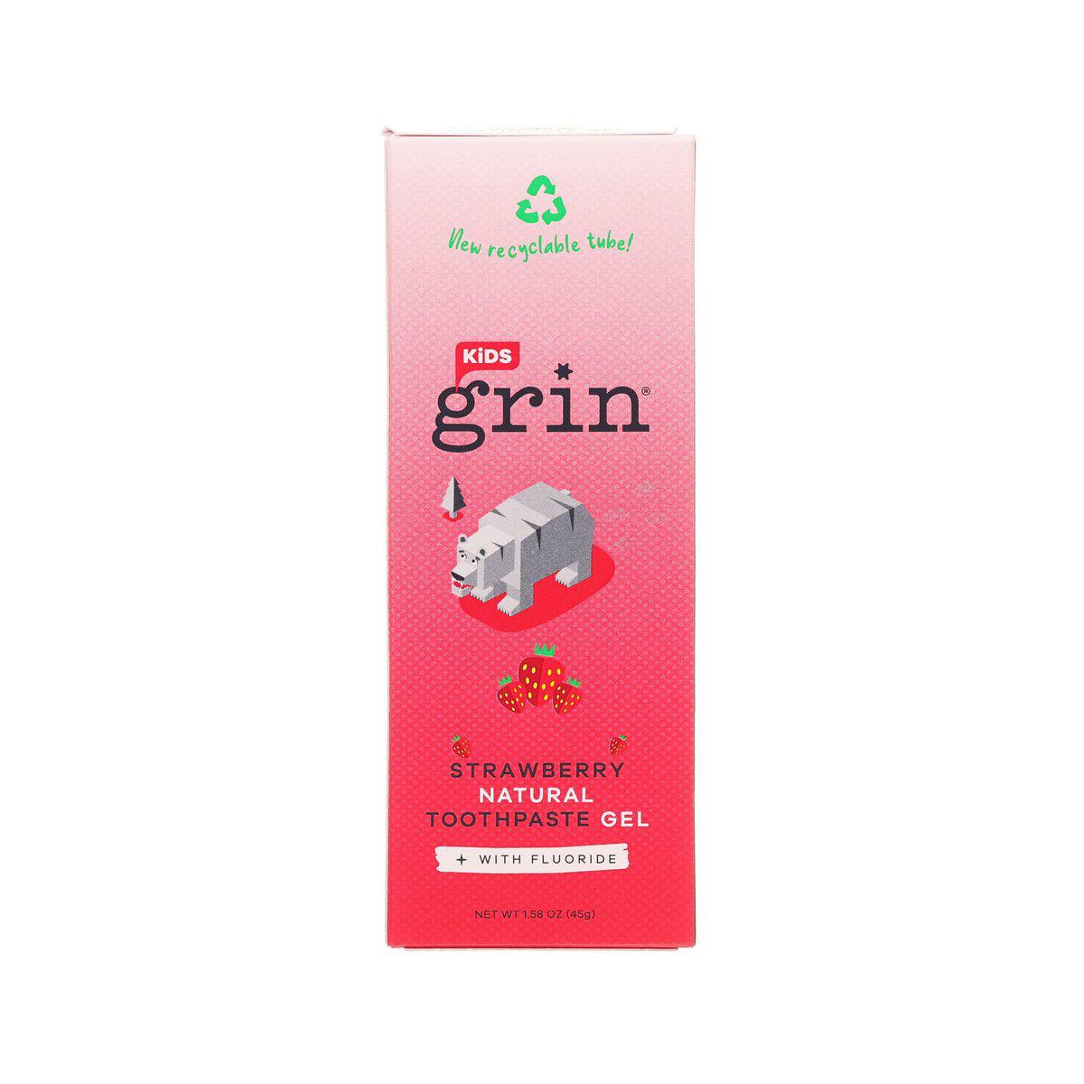 GRIN Kids strawberry natural toothpaste gel box, pink with GRIN logo and gray animal graphic
