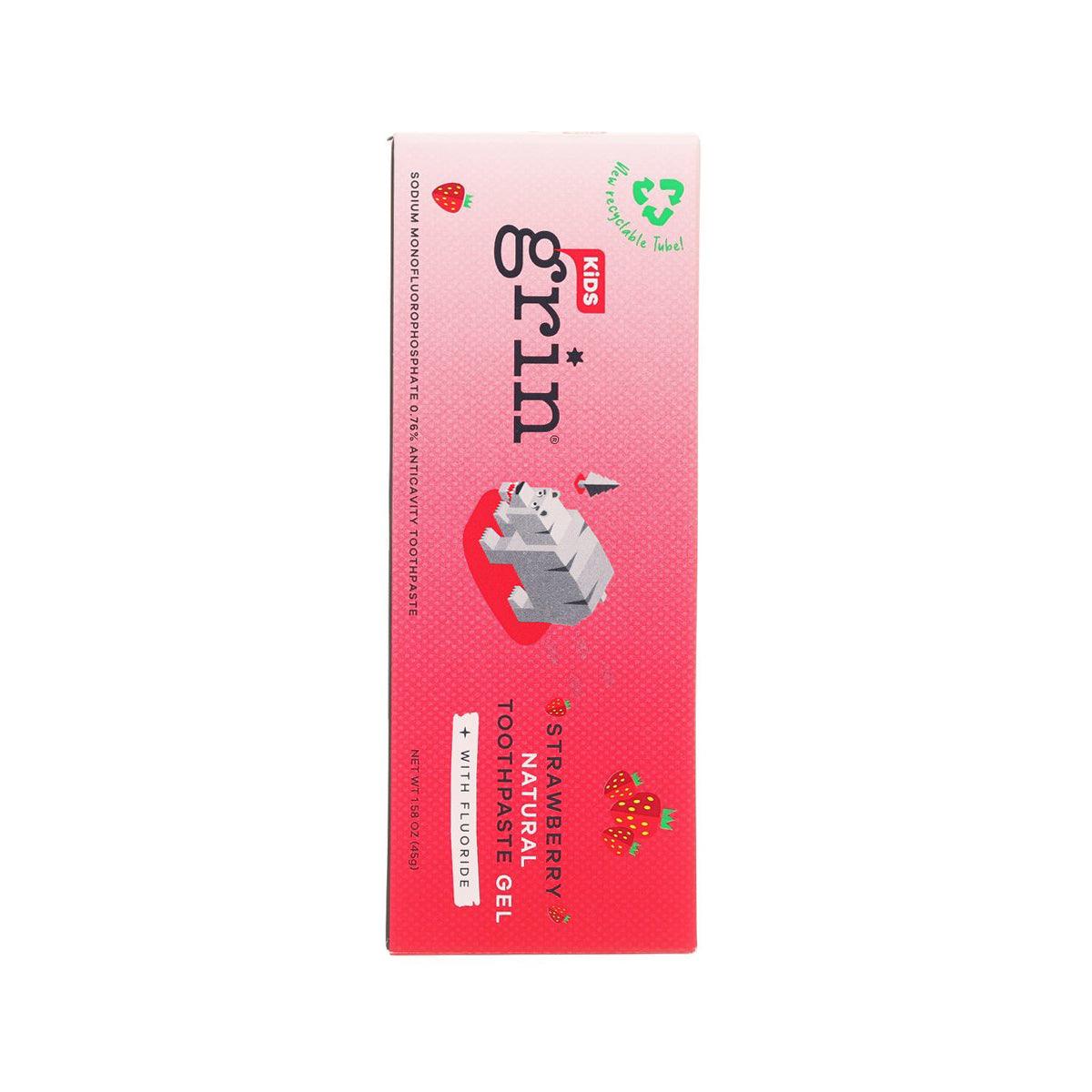 GRIN Kids strawberry toothpaste gel box side, pink with recycling icon and product details