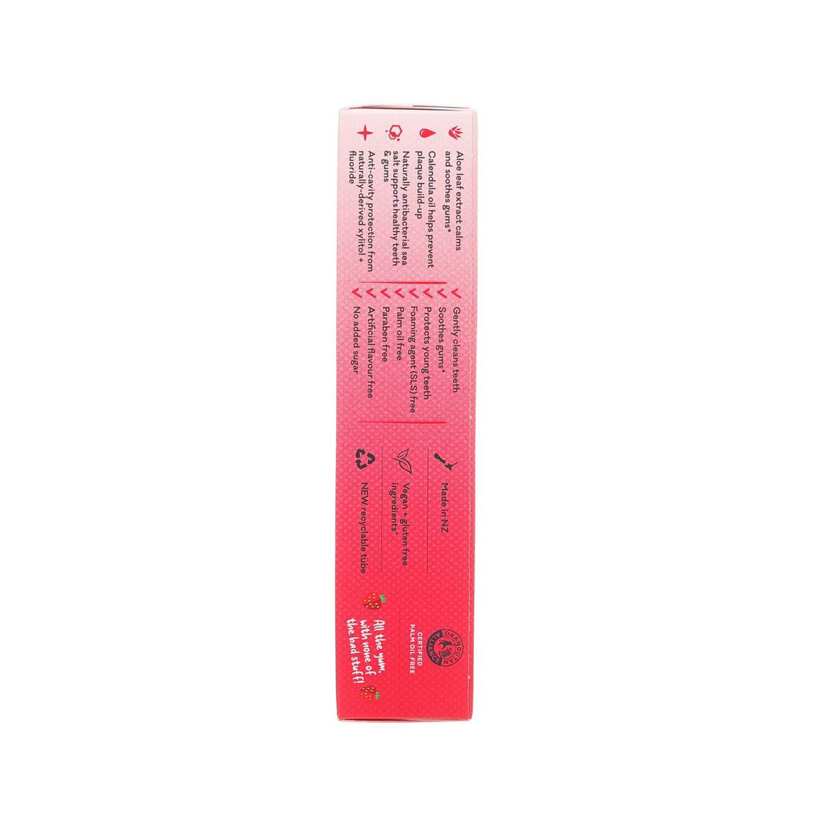 GRIN Kids strawberry toothpaste gel box side with small ingredient and caution text