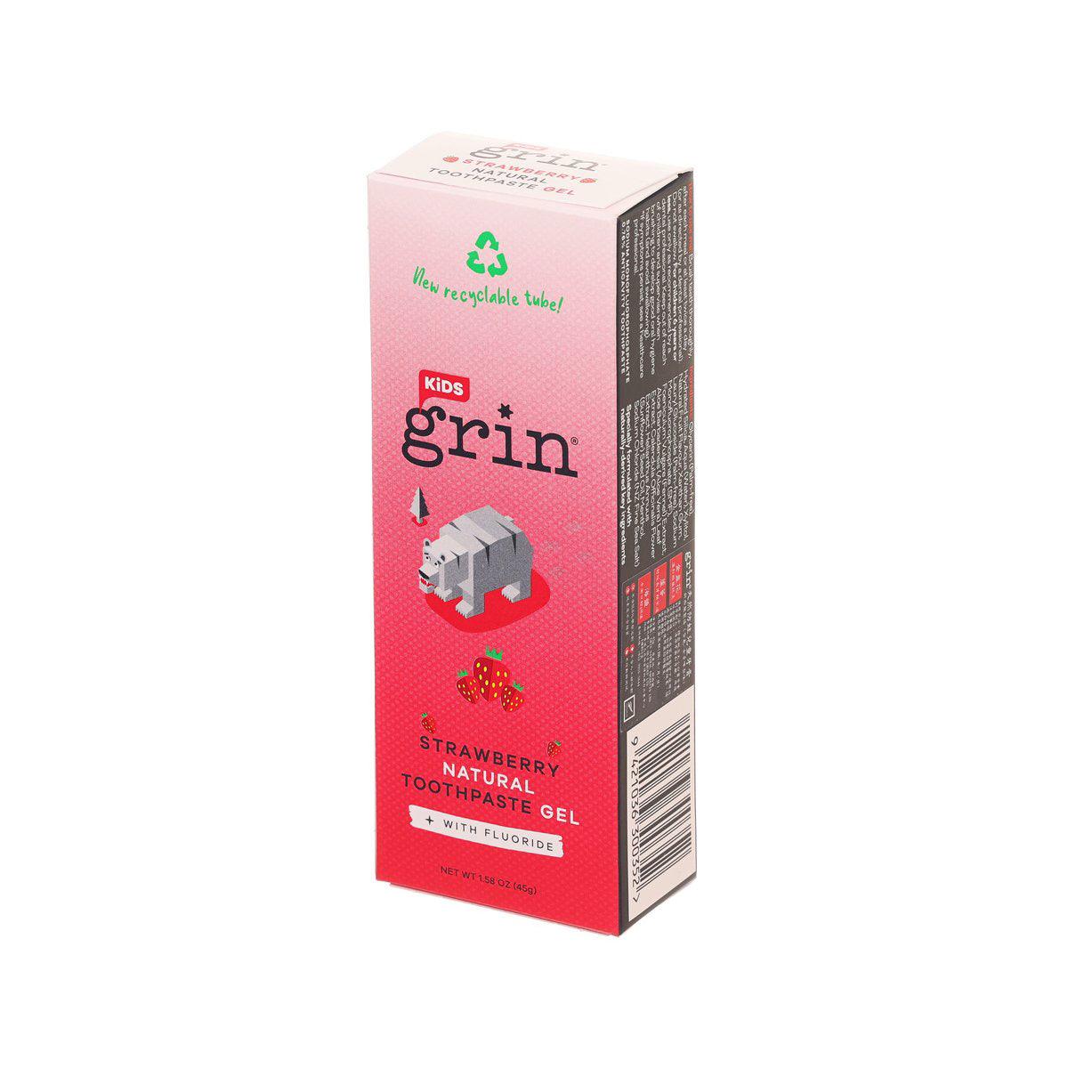 GRIN Kids strawberry natural toothpaste gel carton, pink front with GRIN logo and fluoride
