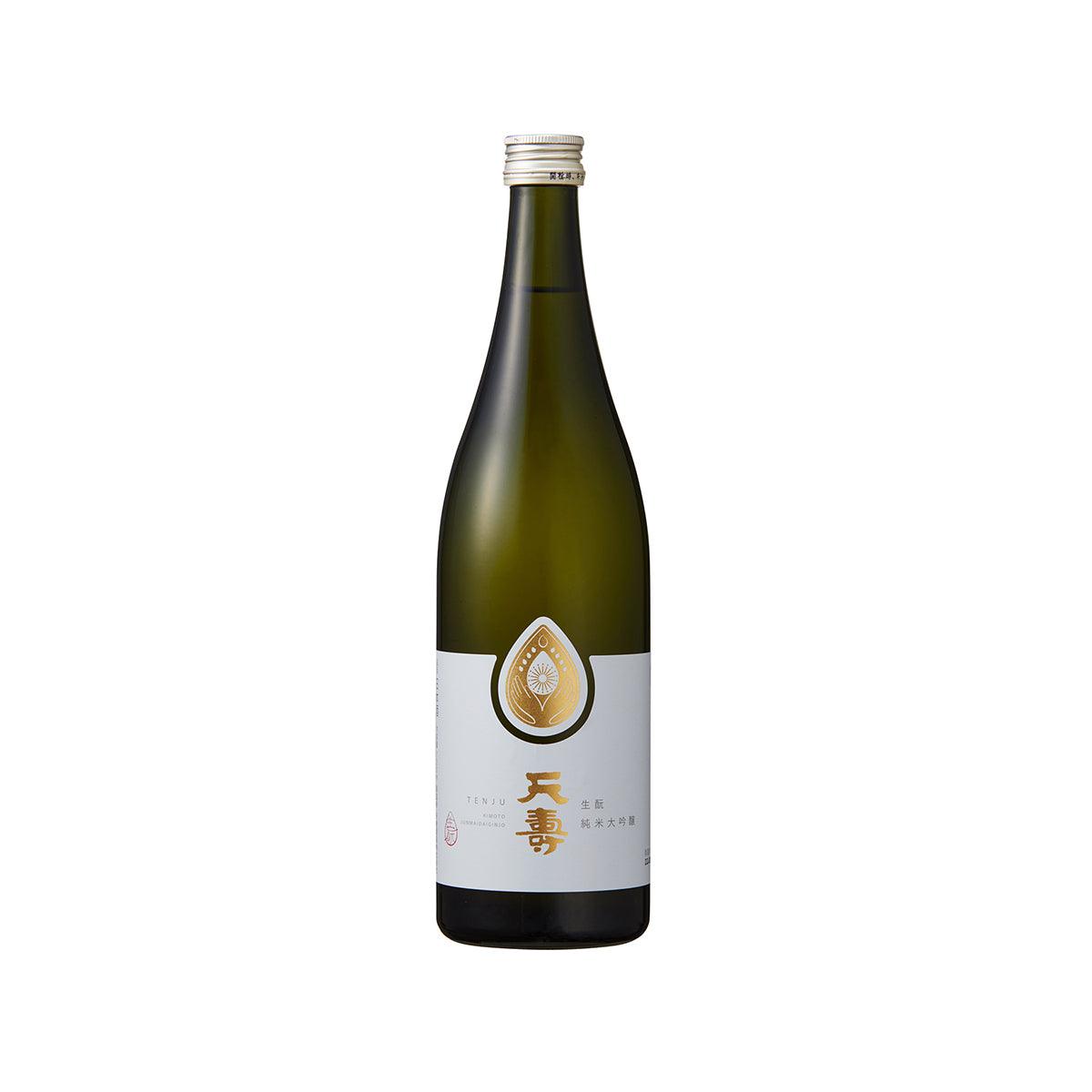 TENJU sake bottle with dark green glass, cream label, and gold cap