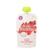 LITTLE FREDDIE organic Greek style cherry yoghurt pouch with green cap, front label
