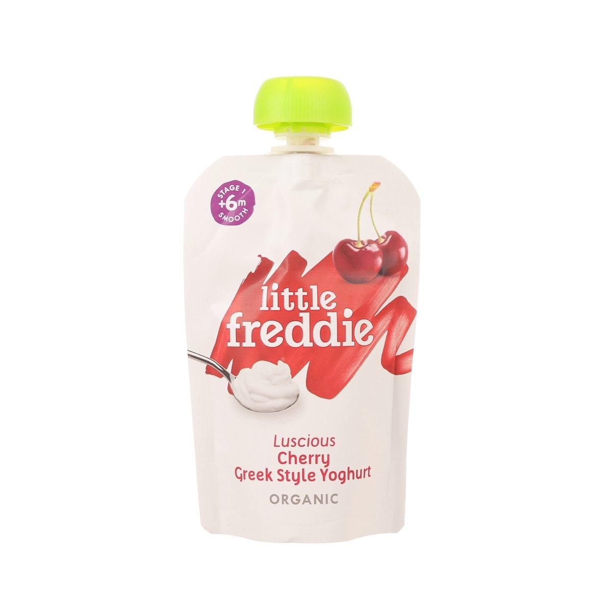 LITTLE FREDDIE organic Greek style cherry yoghurt pouch with green cap, front label