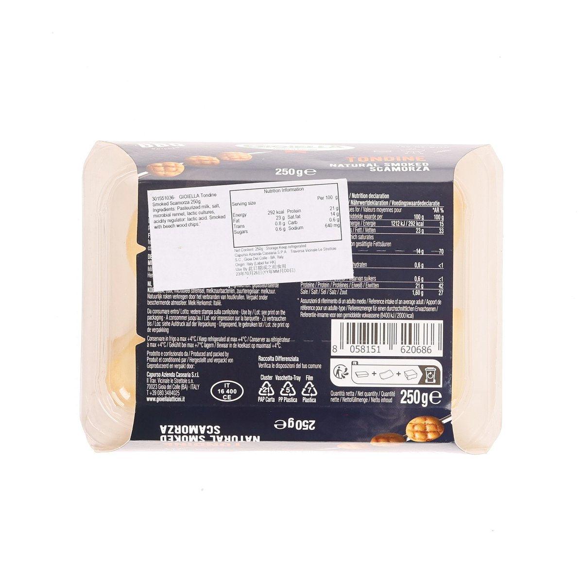 Smoked scamorza cheese 250g pack, back label with barcode and nutrition details