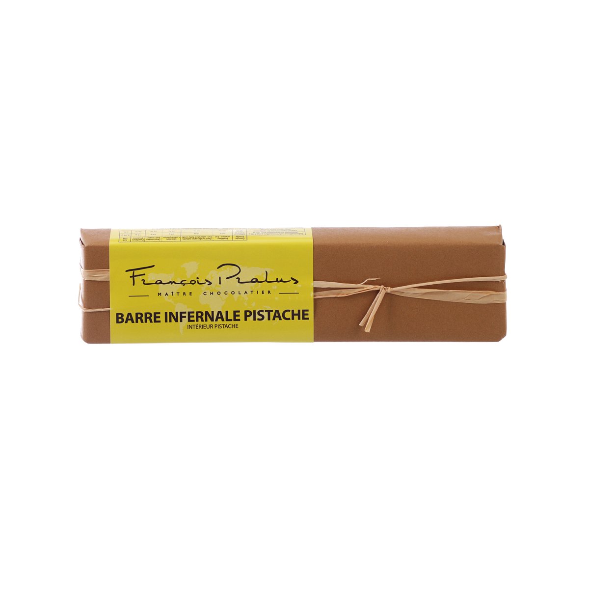 Pistachio infernal chocolate bar in brown wrapper with yellow front label