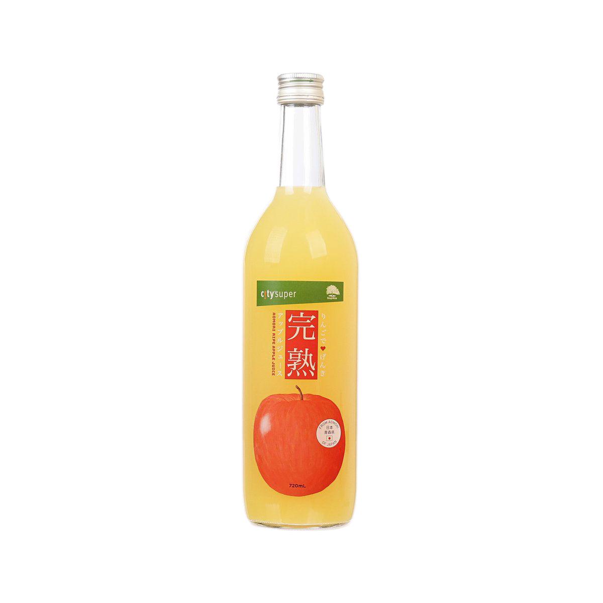 Apple juice bottle with amber liquid, screw cap, and front label with red apple graphic