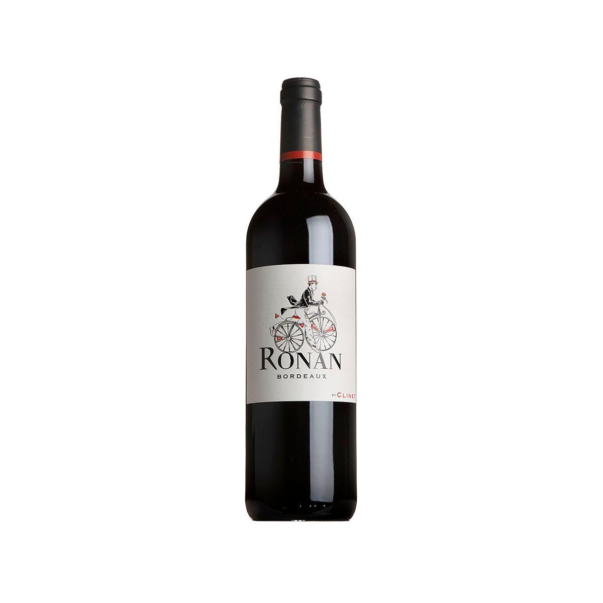 RONAN by CLINET rouge wine bottle with white label, dark glass, black cap